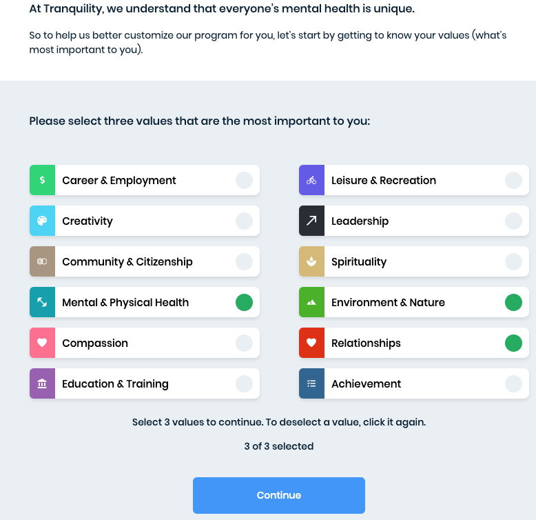 Screen shot of the first page of the account set up flow. It asks the user to select their three most important values.